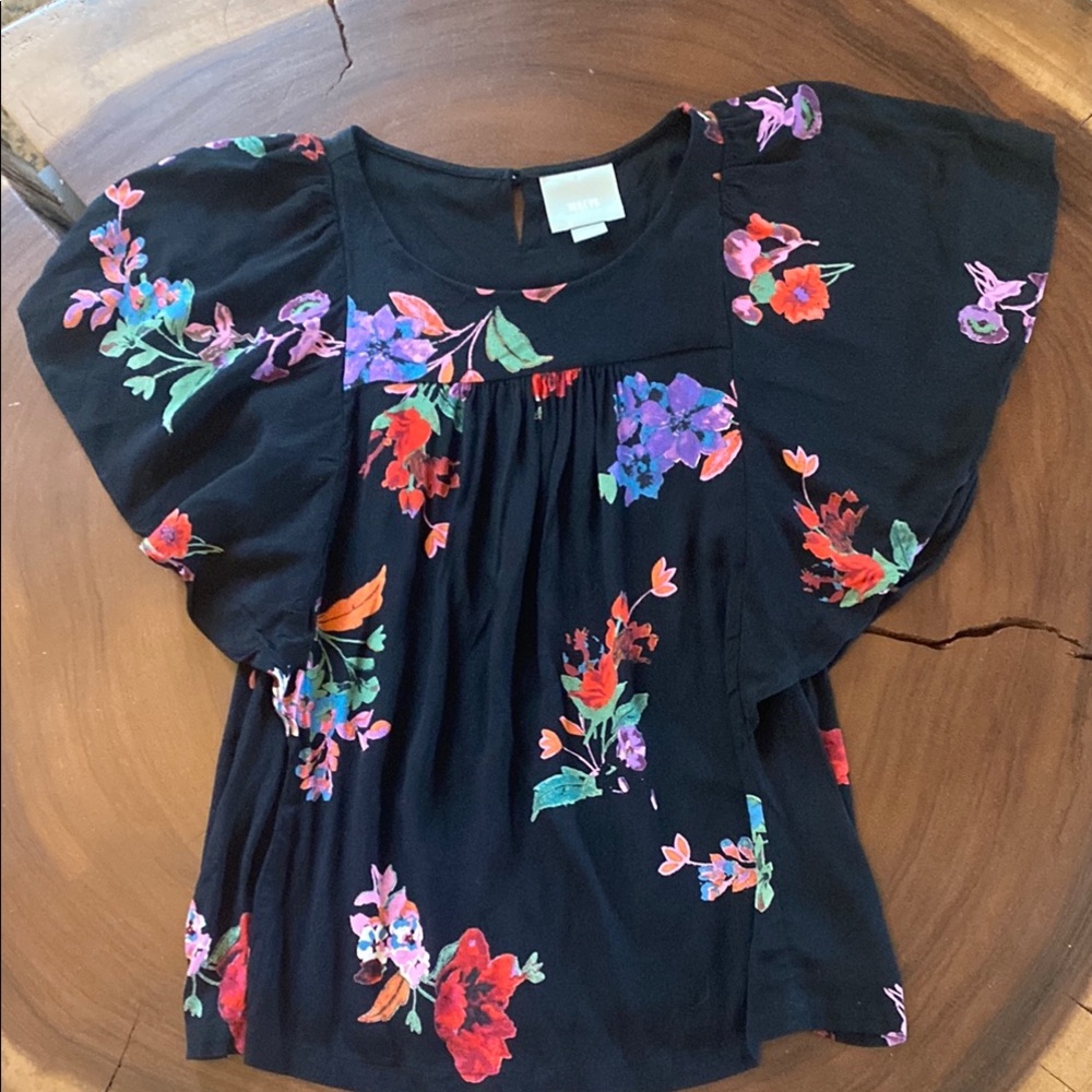 Anthropologie Black Flutter-Sleeve Floral Blouse